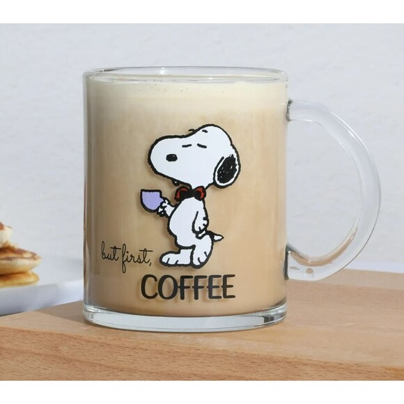 Peanuts Snoopy But First Coffee Clear Glass Mug 16.2 oz Large Cup Gift NEW - Picture 3 of 4
